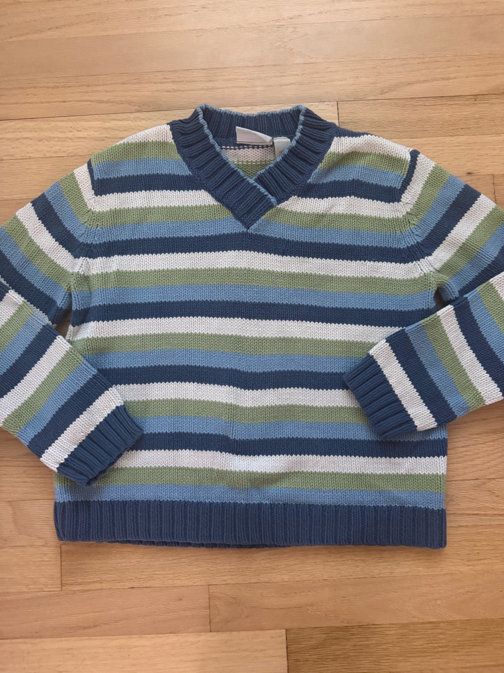 Vintage 90s Liz Claiborne Medium Petite Blue & Green Striped V Neck Knit Sweater